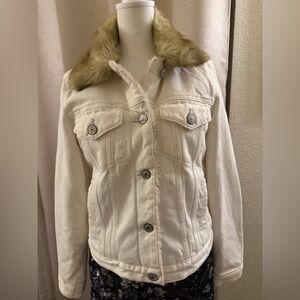 Abercrombie & Fitch Cream Denim Jacket with Faux Fur Collar